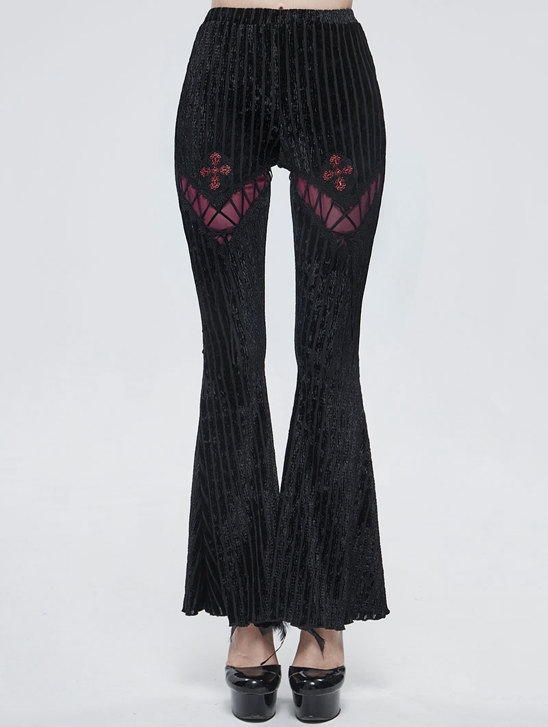 Black and Red Gothic Striped Long Flared Pants for Women