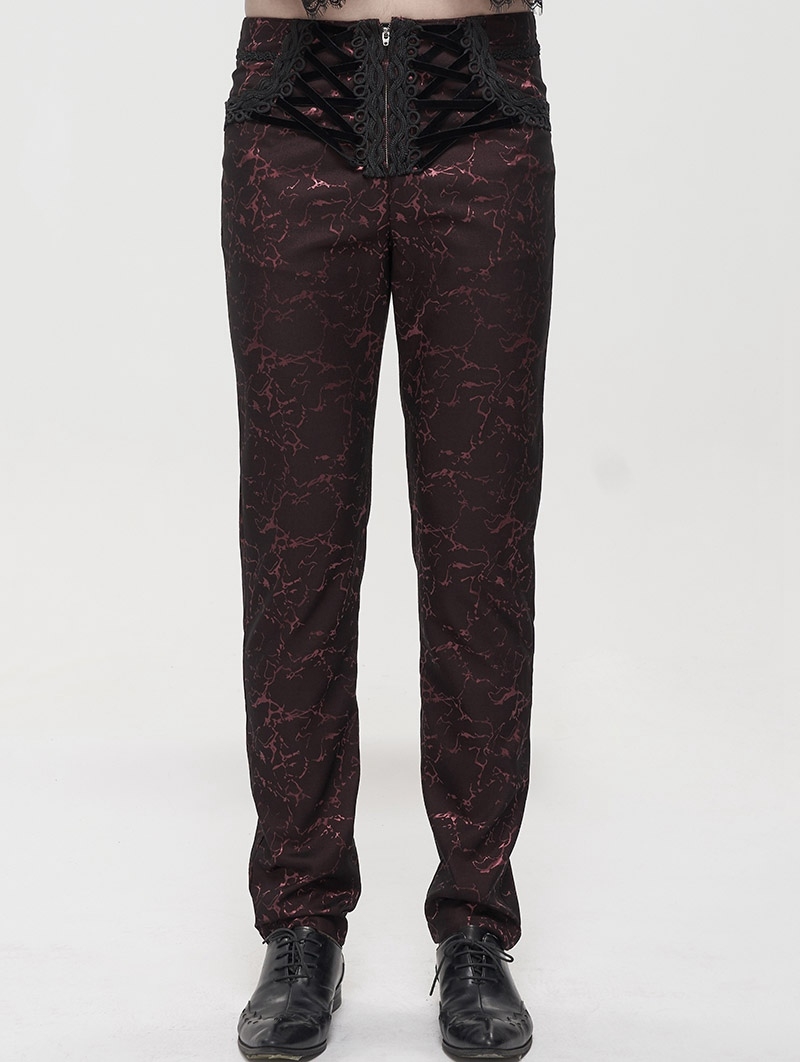 Red Vintage Gothic Jacquard Party Long Straight Fit Pants for Men