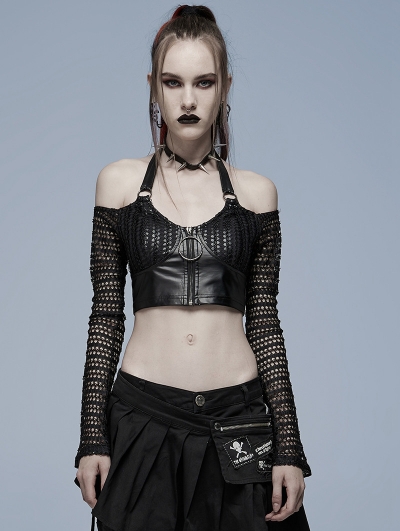 Black Gothic Punk Off-the-Shoulder Long Sleeve Sexy Short Top for Women