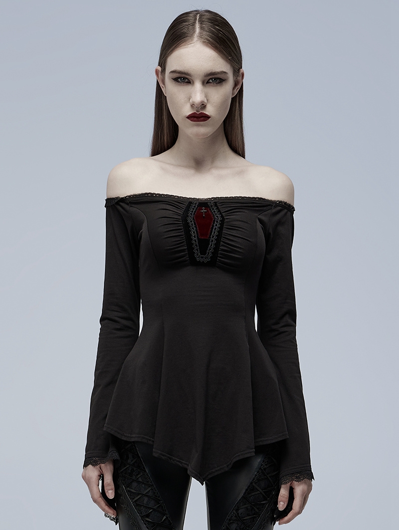 Black Gothic Off-the-Shoulder Long Sleeve Irregular T-Shirt for Women