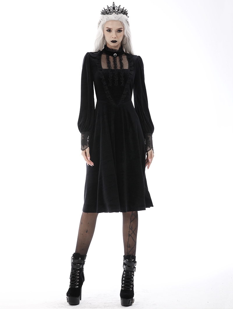 Black Elegant Gothic Velvet Daily Wear Long Sleeve Dress