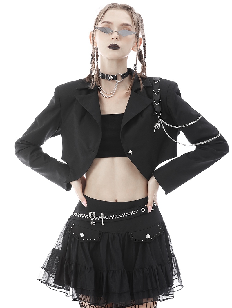 Black Gothic Punk Bat Chain Fashion Crop Jacket for Women