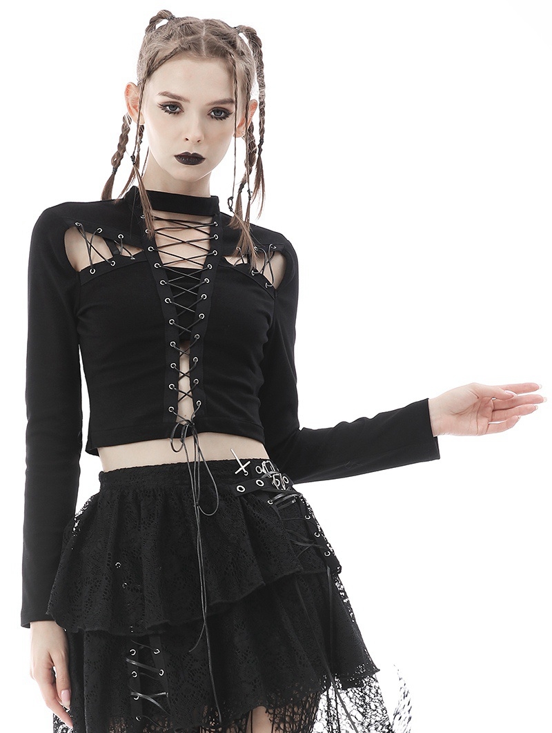 Black Gothic Punk Sexy Rope Long Sleeve Crop Top for Women