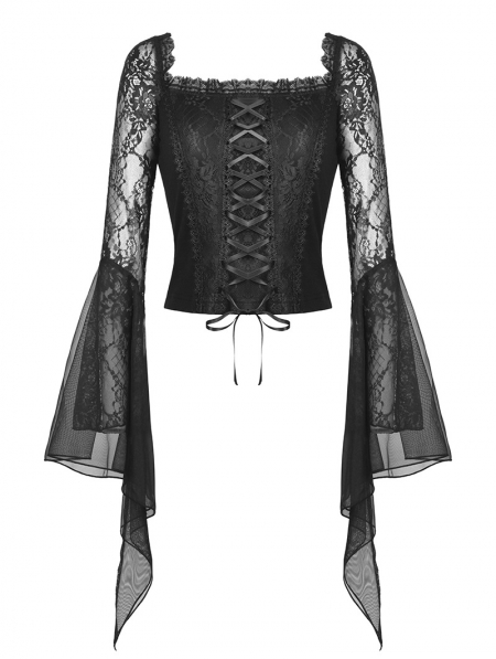 Black Gothic Vintage Lace Mesh Long Trumpet Sleeve Top for Women ...