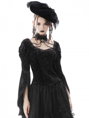 Black Gothic Victorian Luxurious Velvet Long Bell Sleeve Top for Women