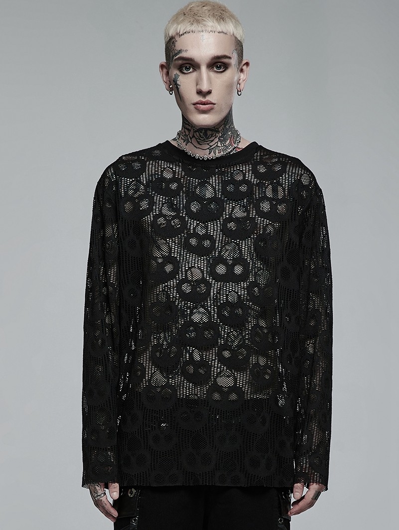 Black Gothic Daily Wear Skull Mesh Long Sleeve T-Shirt for Men