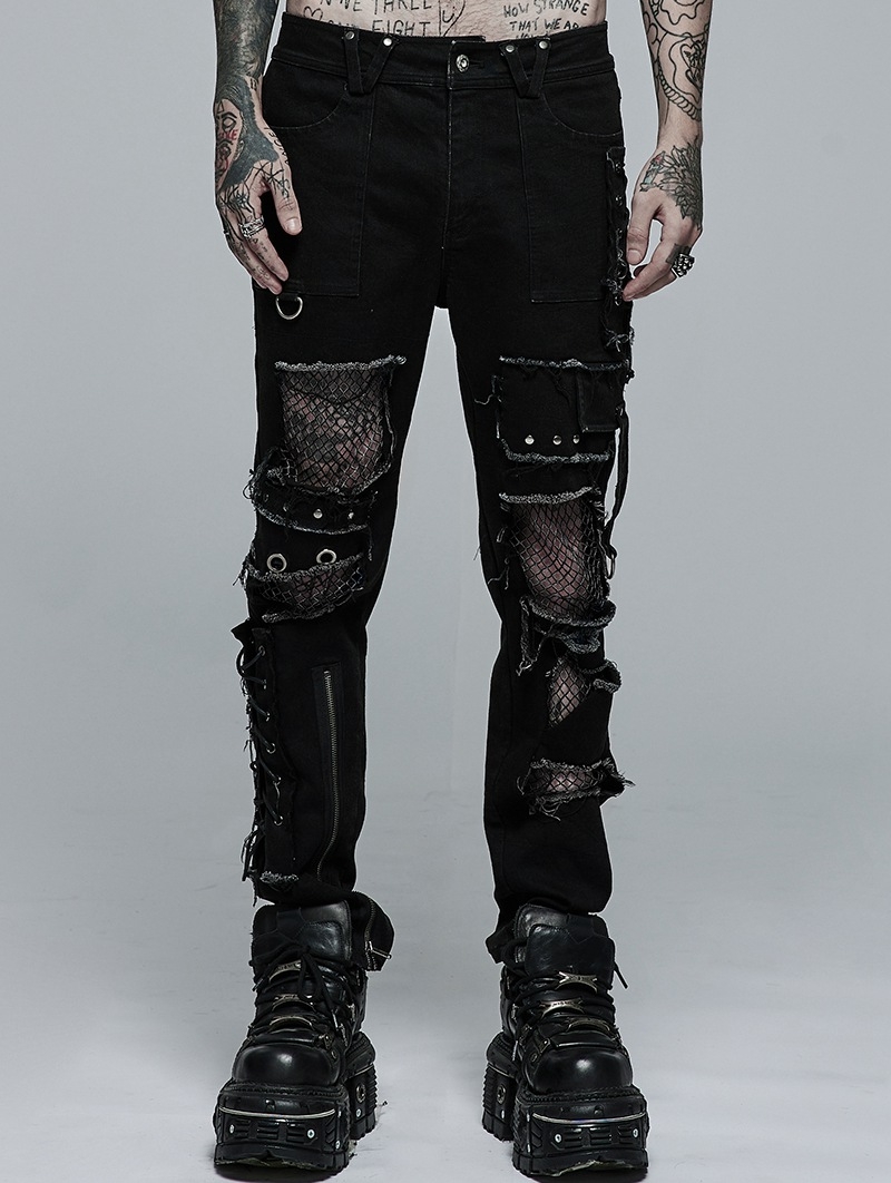 Black Gothic Punk Broken Mesh Decadent Long Trousers for Men