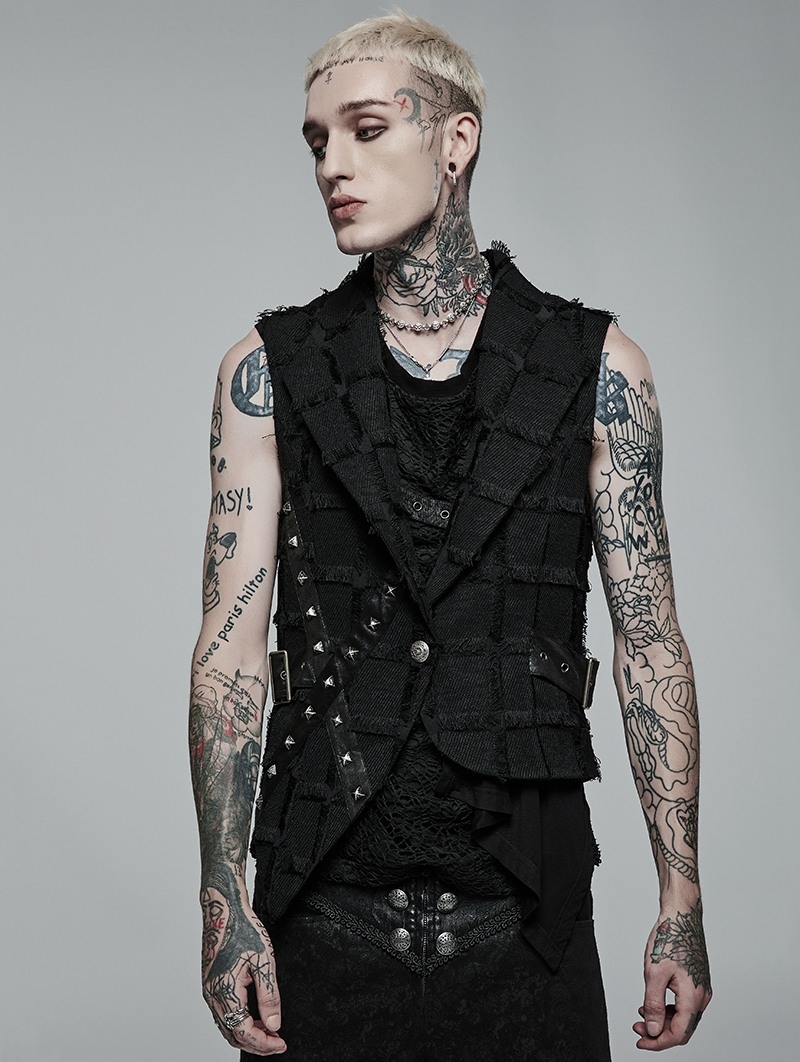 Black Gothic Punk Hollow Out Rivet Belt Asymmetric Vest for Men