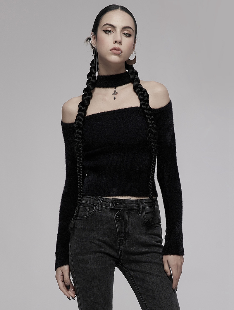 Black Gothic Off-the-Shoulder Daily Wear Sweater With Cross Pendant for Women