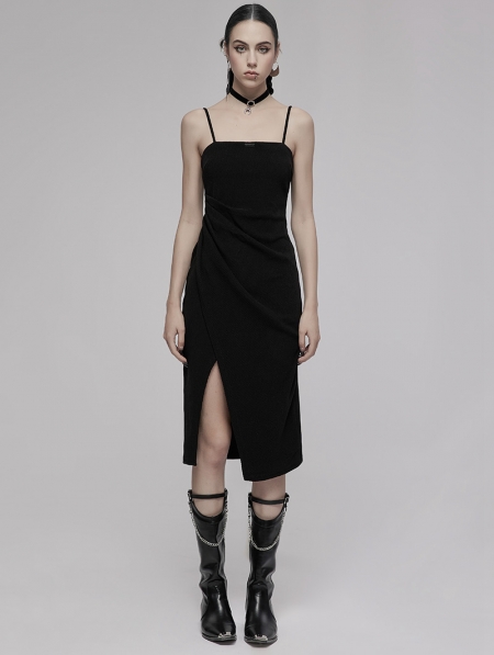 Black Gothic Asymmetric Split Sexy Slip Dress With Choker - Devilnight ...