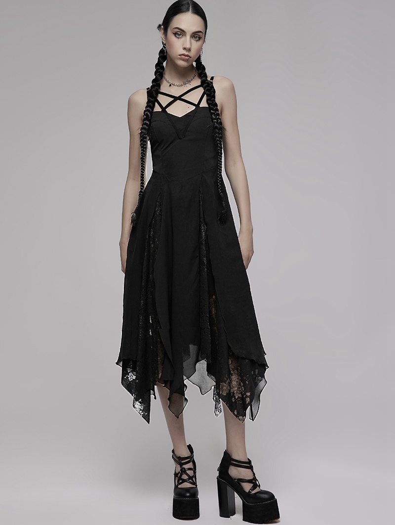 Black Gothic Street Fashion Pentagram Layered Lace Chiffon Irregular Slip Dress