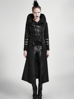 Black Long to Short Gothic Military Trench Coat for Women