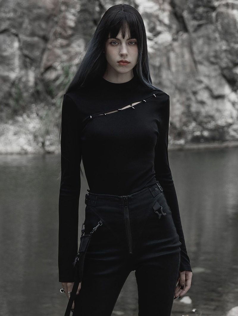 Black Gothic Fit Split Long Sleeve T-Shirt for Women