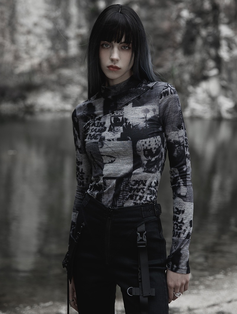 Black and Gray Printed Gothic Fit Split Long Sleeve T-Shirt for Women