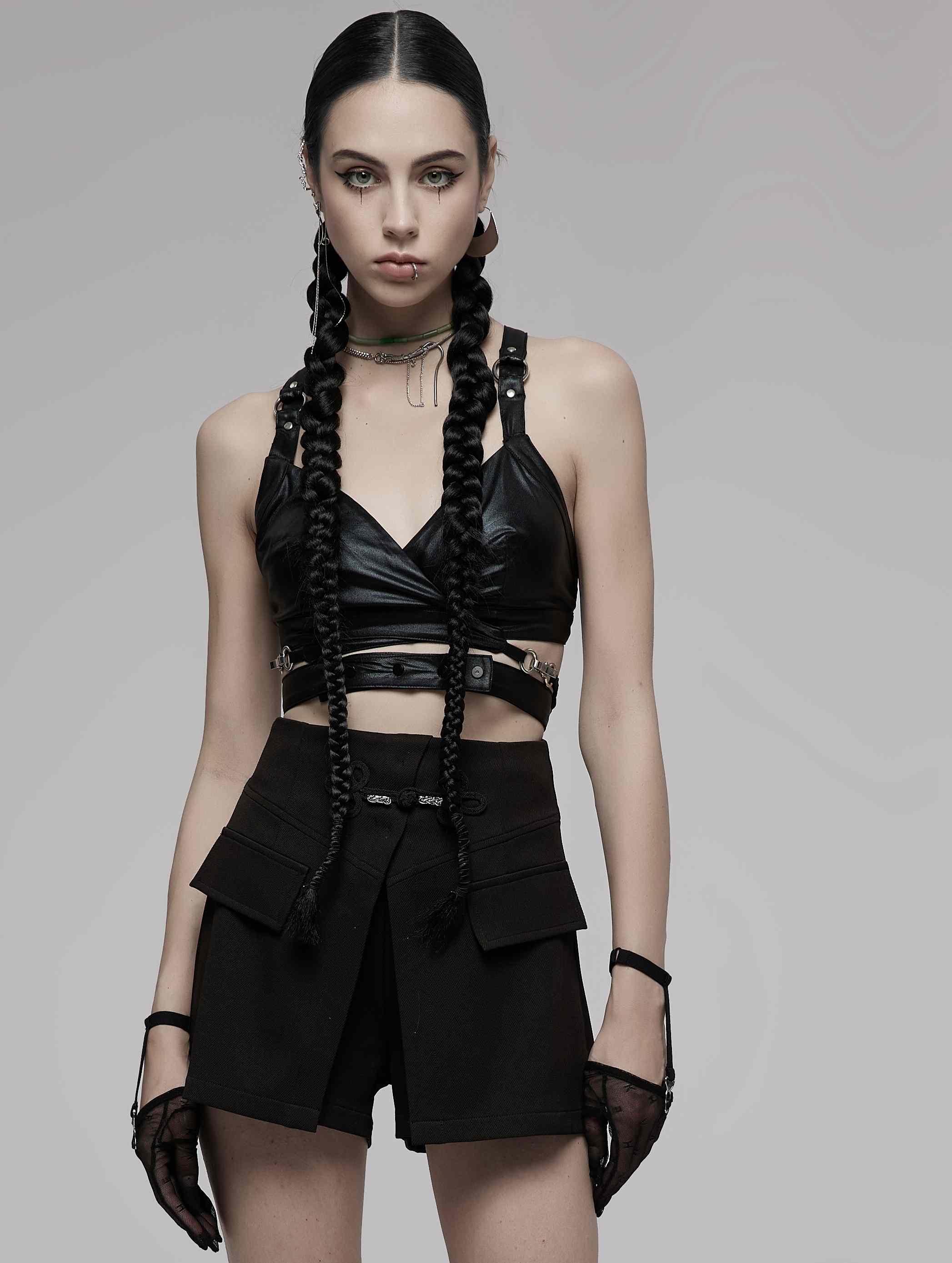 Black Gothic Punk Cross Strap Crop Top for Women