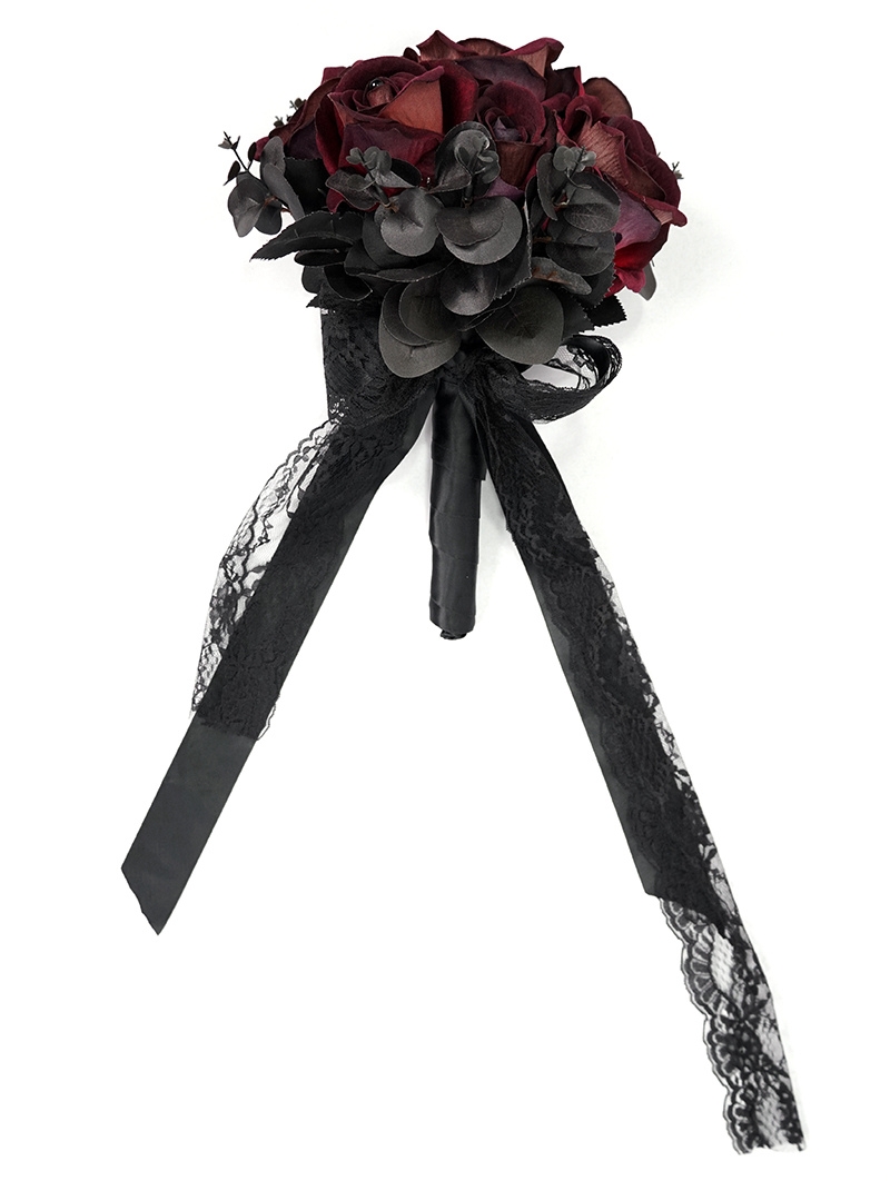 Black and Red Gothic Lace Rose Wedding Bouquet