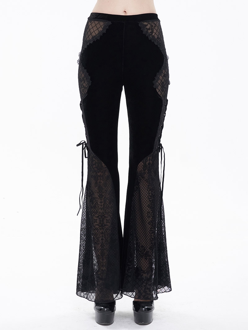 Black Gothic Sexy Velvet Lace Transparent Flared Trousers for Women