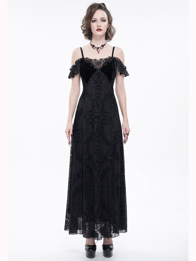 Black Vintage Gothic Sexy Off-the-Shoulder Lace Slit Long Party Dress ...