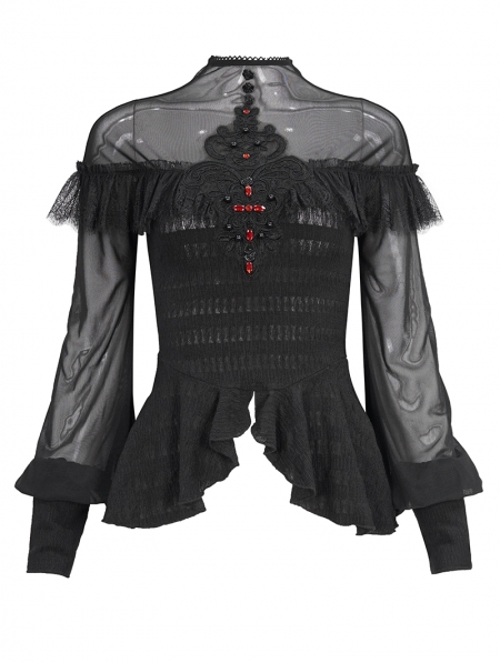 Black Gothic Lace Applique Beading Long Sleeve Shirt for Women ...