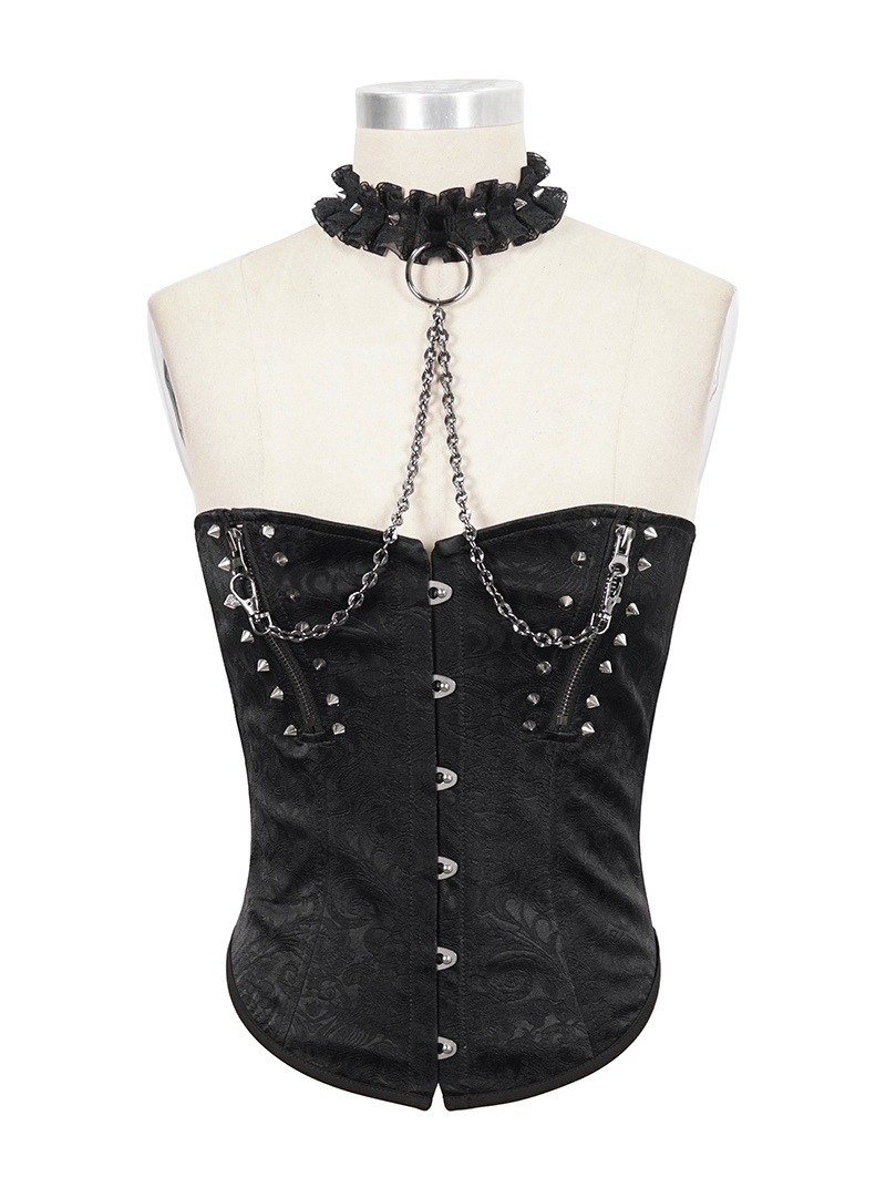 Black Gothic Punk Fashion Zipper Chain Sexy Overbust Corset