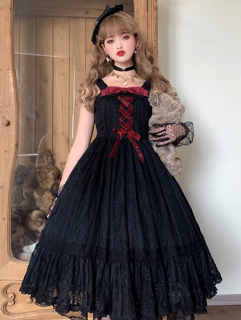 Black/Pink/White Lace Trim Elegant Retro Edward Gothic Lolita JSK Dress