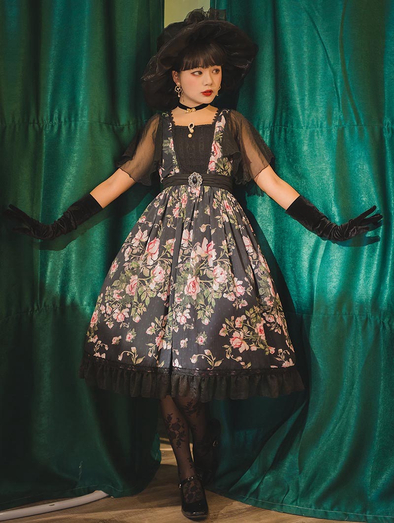 Black/Pink Retro Chiffon Floral Pattern Short Sleeve Gothic Lolita OP Dress