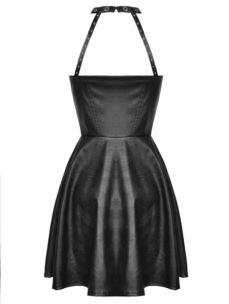 Black Gothic Punk Cool Bag Buckle Leatherette Halter Short Dress ...