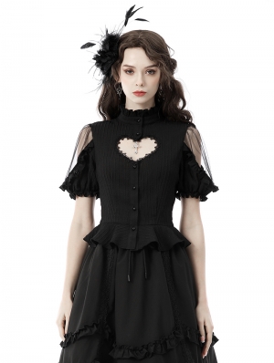 Black Gothic Sexy Heart Hollow-Out Short Sleeve Blouse for Women