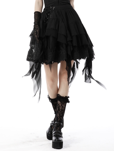 Black Gothic Chiffon Irregular Tasseled Daily Wear Short Skirt