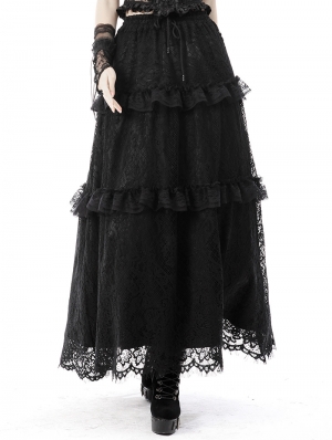 Black Gothic Vintage Ruffle Lace Long Skirt