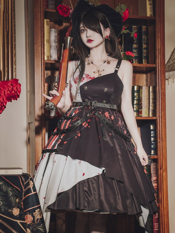 Thorn Rose Black Punk Asymmetrical Gothic Lolita JSK Dress