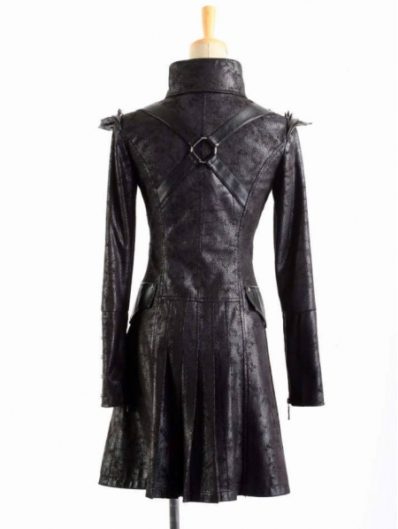 Black Leather Military Long Trench Coat for Women - Devilnight.co.uk
