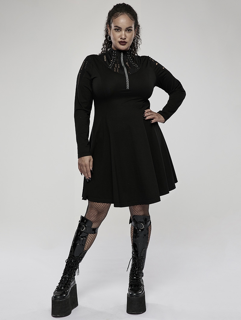 Black Gothic Punk High Neck Long Sleeve Daily Wear Plus Size Dress