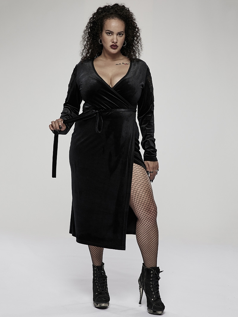 Black Gothic Sexy V-Neck Velvet Slit Long Sleeve Plus Size Dress