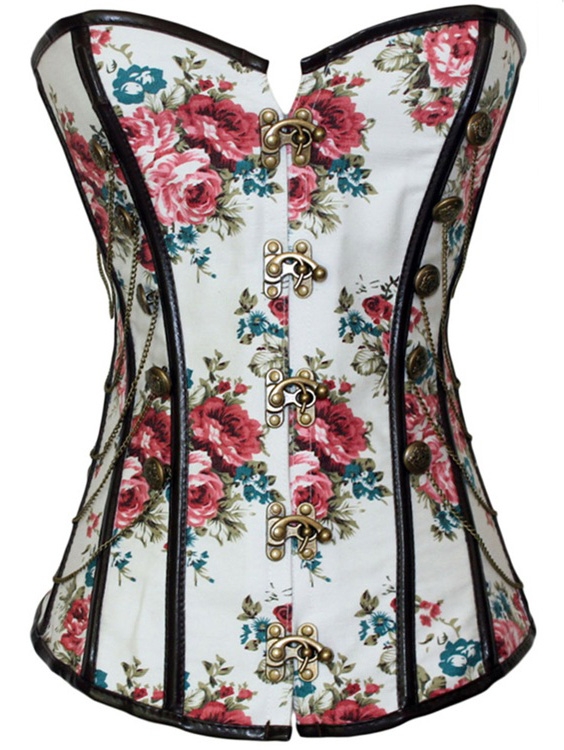 White Floral Pattern Sexy Gothic Overbust Corset