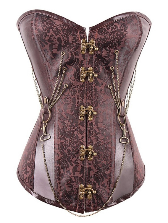 Brown PU Leather Brocade Overbust Steampunk Corset