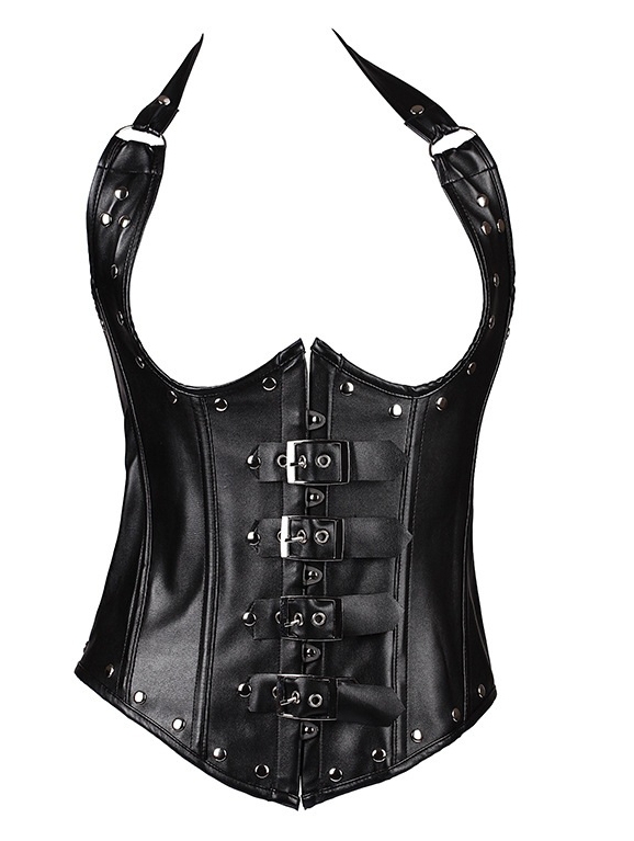 Red/Black Halter PU Leather Rivets Underbust Gothic Corset