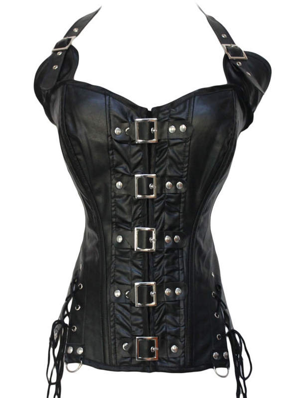 Black Gothic PU Leather Halter Overbust Gothic Corset