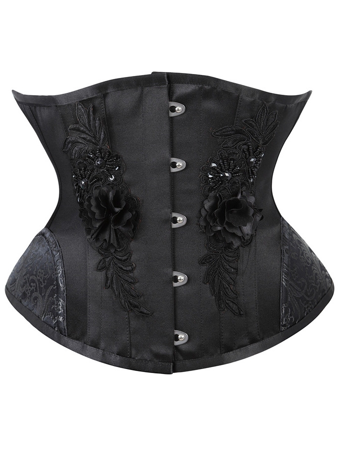 Black Vintage Rose Embroidery Waist Training Underbust Gothic Corset