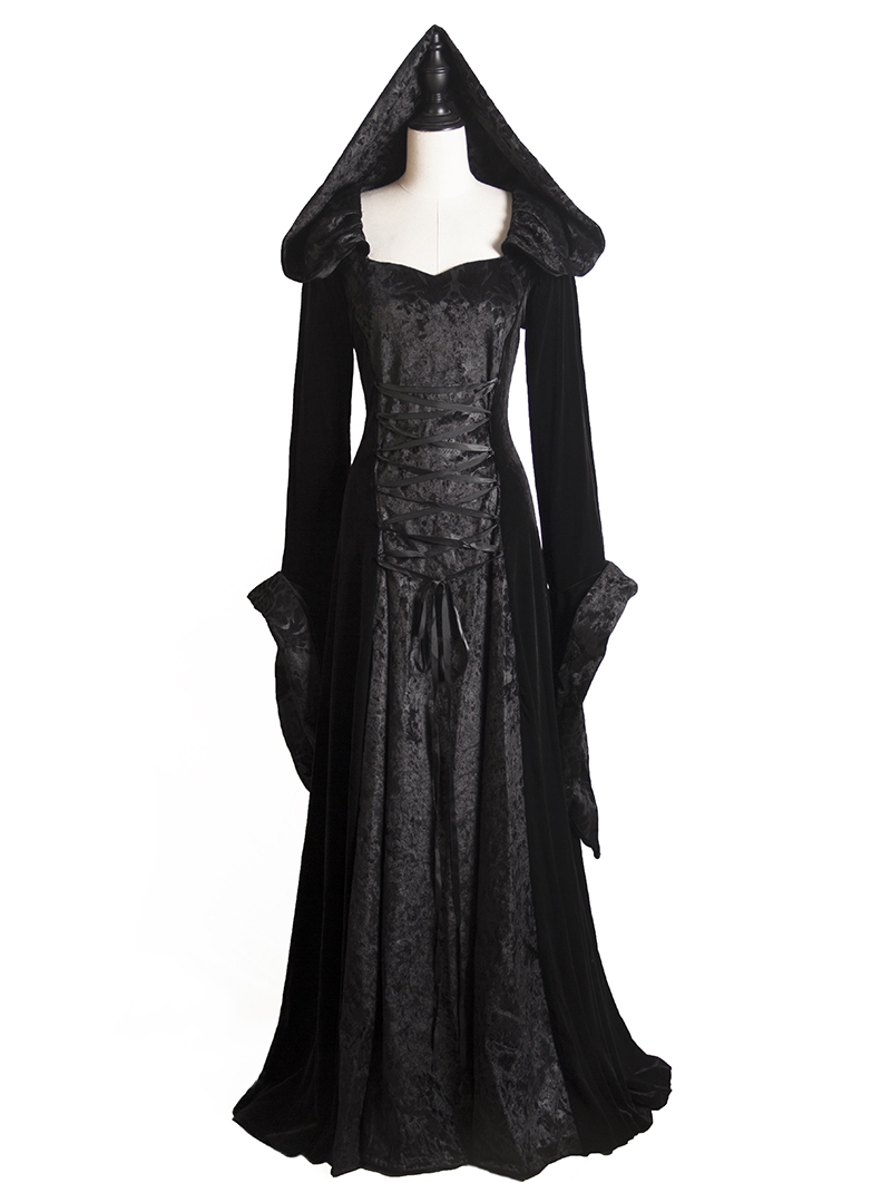 Black Velvet Vintage Gothic Medieval Vampire Hooded Dress