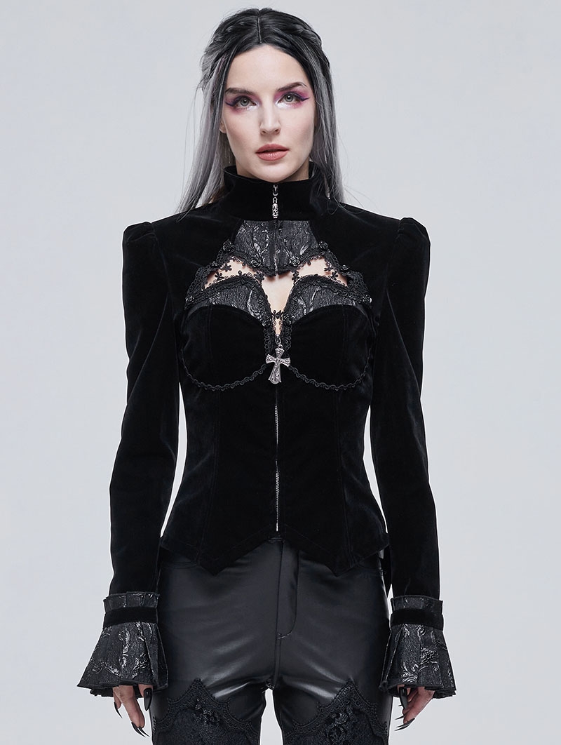 Black Gothic Victorian Elegant Velvet Party Tail Coat for Women