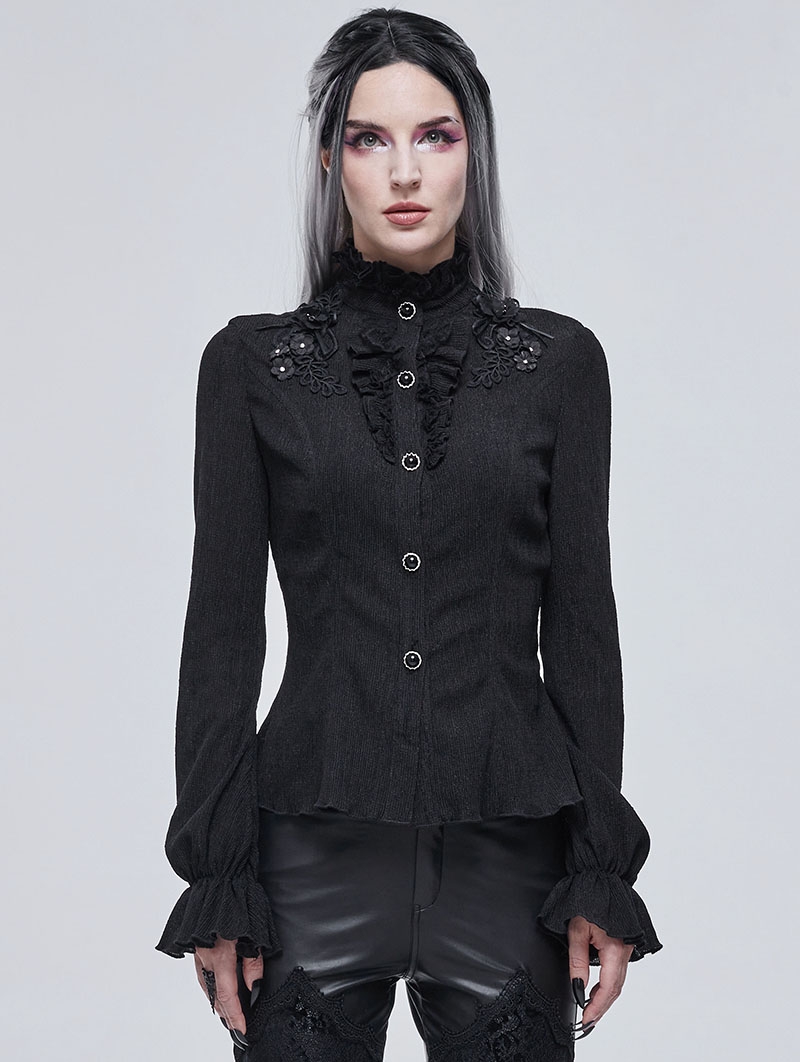 Black Gothic Elegant Flower Long Sleeve Blouse for Women