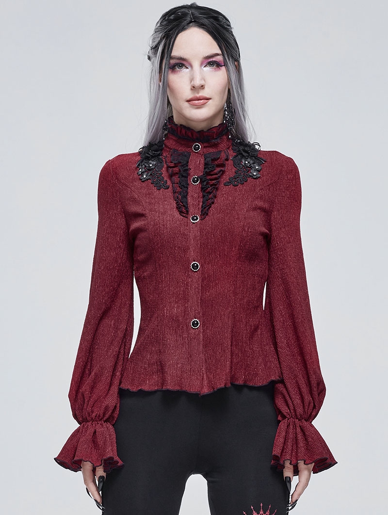 Red Gothic Elegant Flower Long Sleeve Blouse for Women