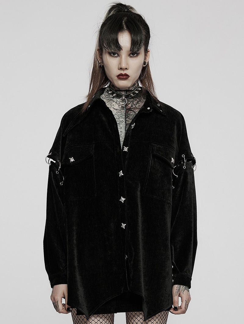 Black Women's Gothic Punk Velvet Daily Shirt with Detachable Sleeves