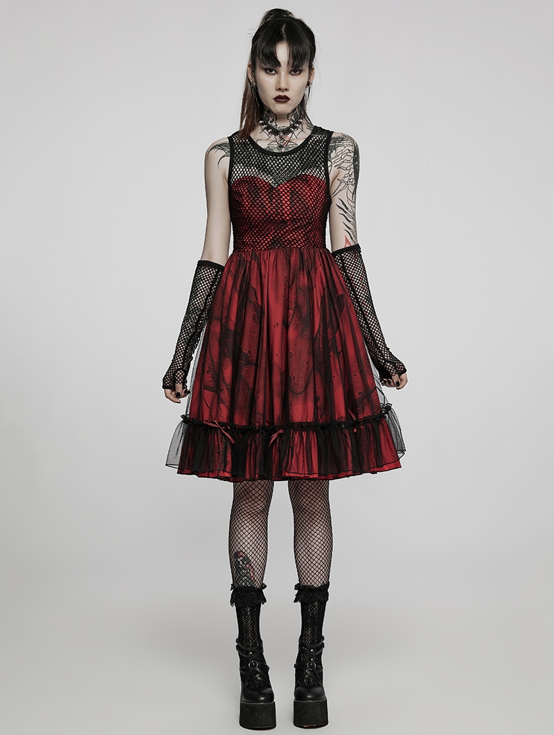 Black and Red Gothic Dark Mesh Spliced Woven Lolita Dress