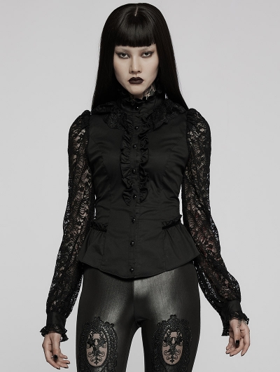 Black Gothic Victorian Long Bubble Sleeve Lace Blouse for Women