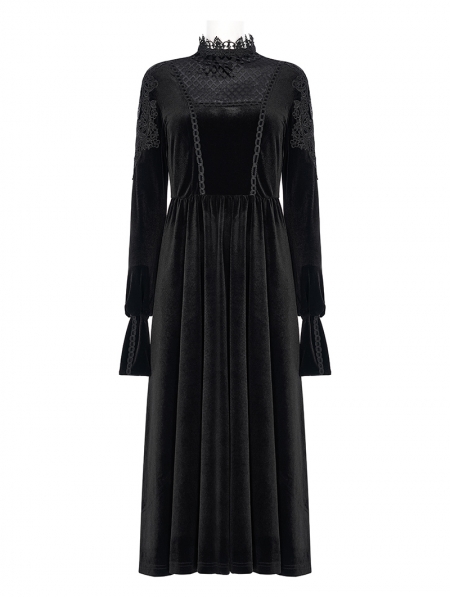 Black Gothic Vintage Lace Collar Velvet Long Sleeve Dress - Devilnight ...