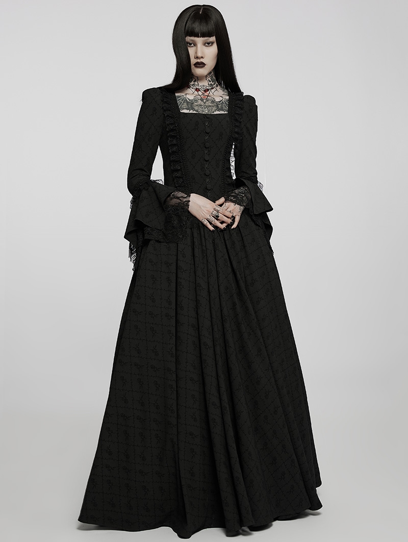 Black Vintage Gothic Victorian Square Neck Long Sleeve Gown