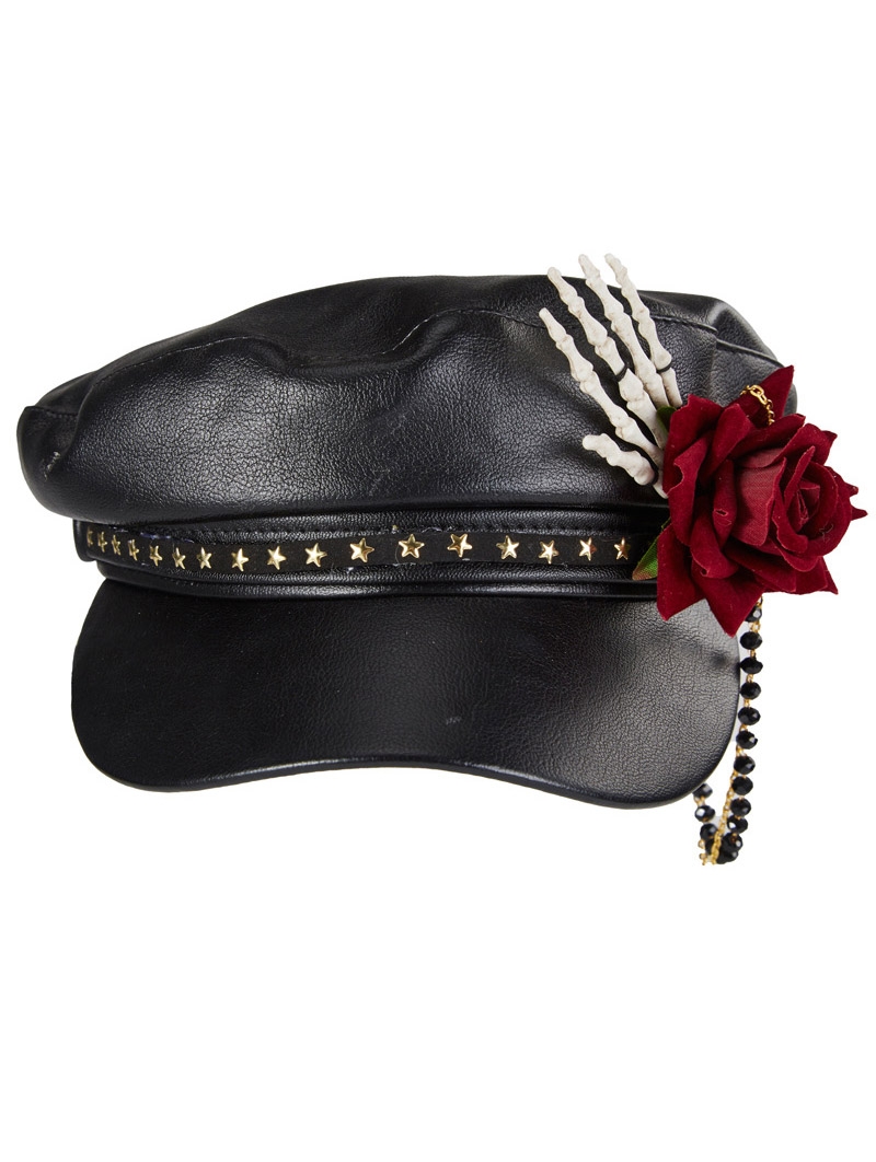 Black Steampunk Gothic Skeleton Rose Bead Chain Baseball Cap