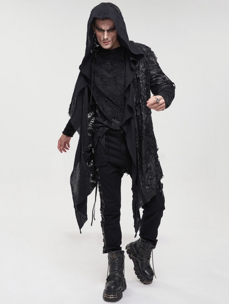 Black Gothic Punk Grunge Irregular Loose Hooded Trench Coat for Men ...